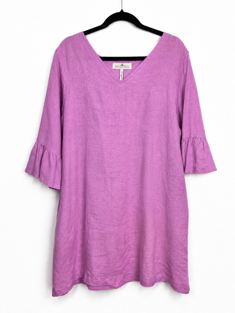 Crown Linen Designs 100% Linen Pink Shift Dress Bell Sleeve Cottagecore Large